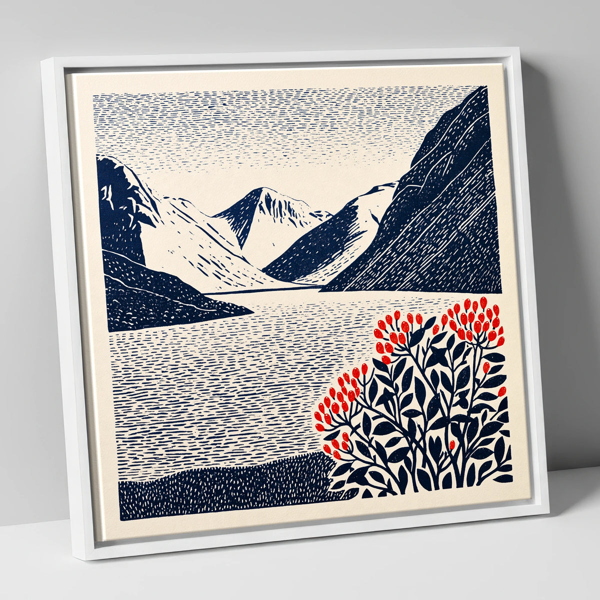 Wastwater Fells and Red Berries lake district lake canvas wall art in white frame