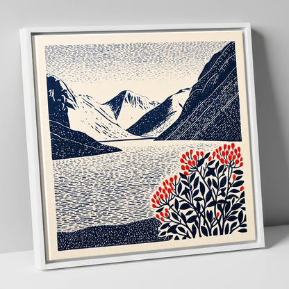 Wastwater Fells and Red Berries lake district lake canvas wall art in white frame