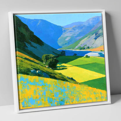 Vibrant Green Valley Between Fells lake district valley canvas wall art in white frame