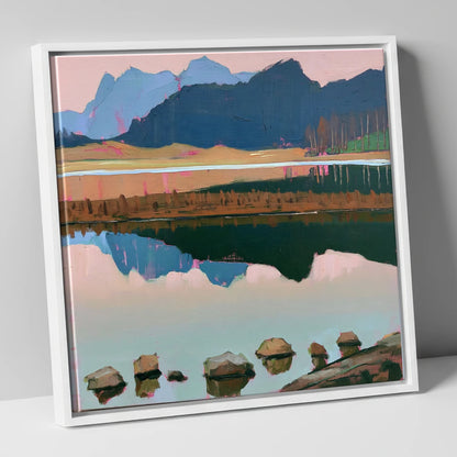 Blea Tarn with Pink Reflections lake district fell canvas wall art in white frame