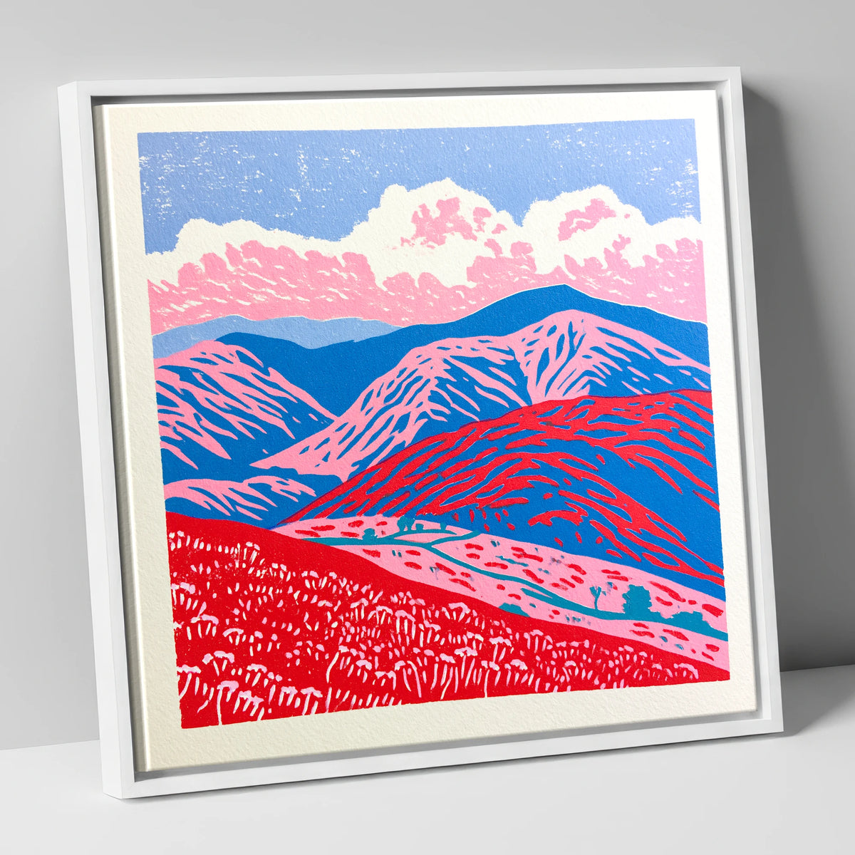Red and Blue Rolling Fells lake district fell canvas wall art in white frame
