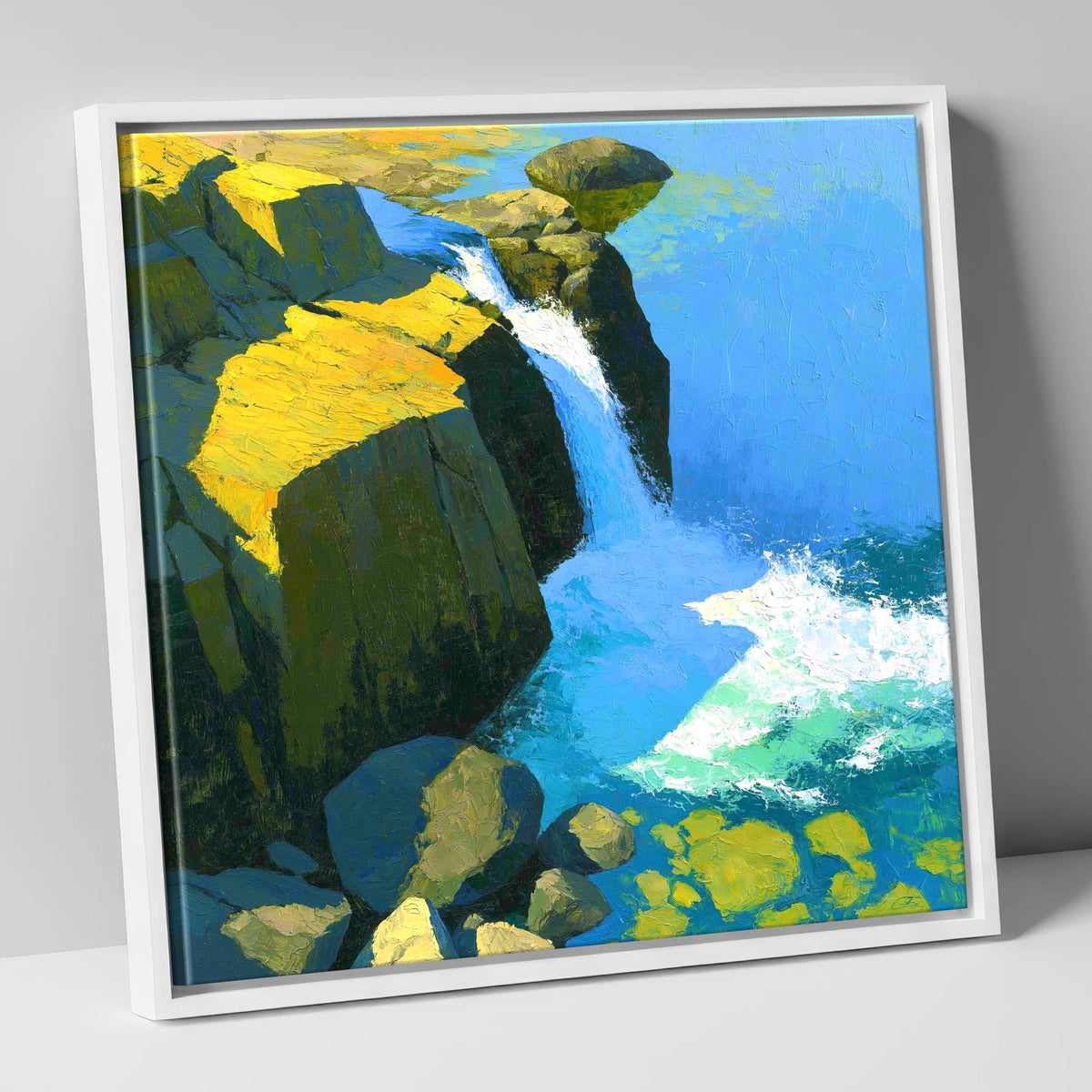 Sunlit Cascade over High Fell Rocks lake district waterfall canvas wall art in white frame