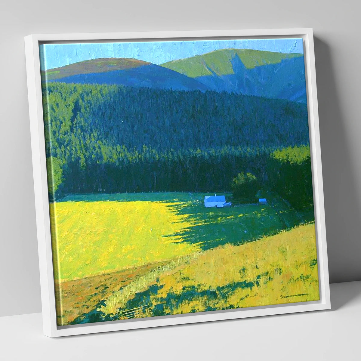 Sunlit Farm Under Whinlatter Forest lake district fell canvas wall art in white frame