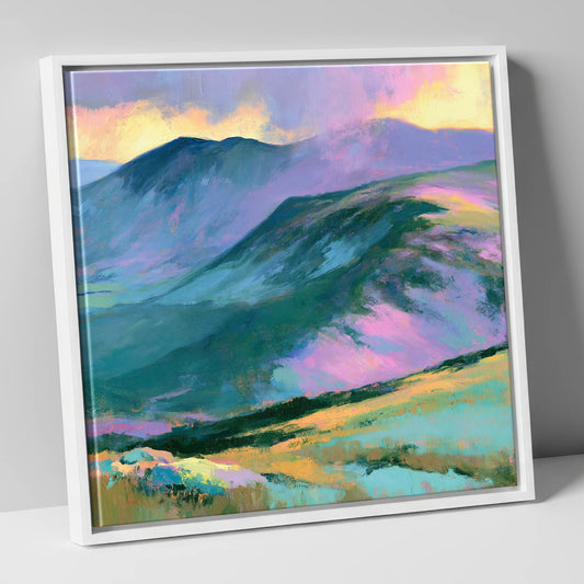 Mountain Summit in Pastel Light lake district fell canvas wall art in white frame