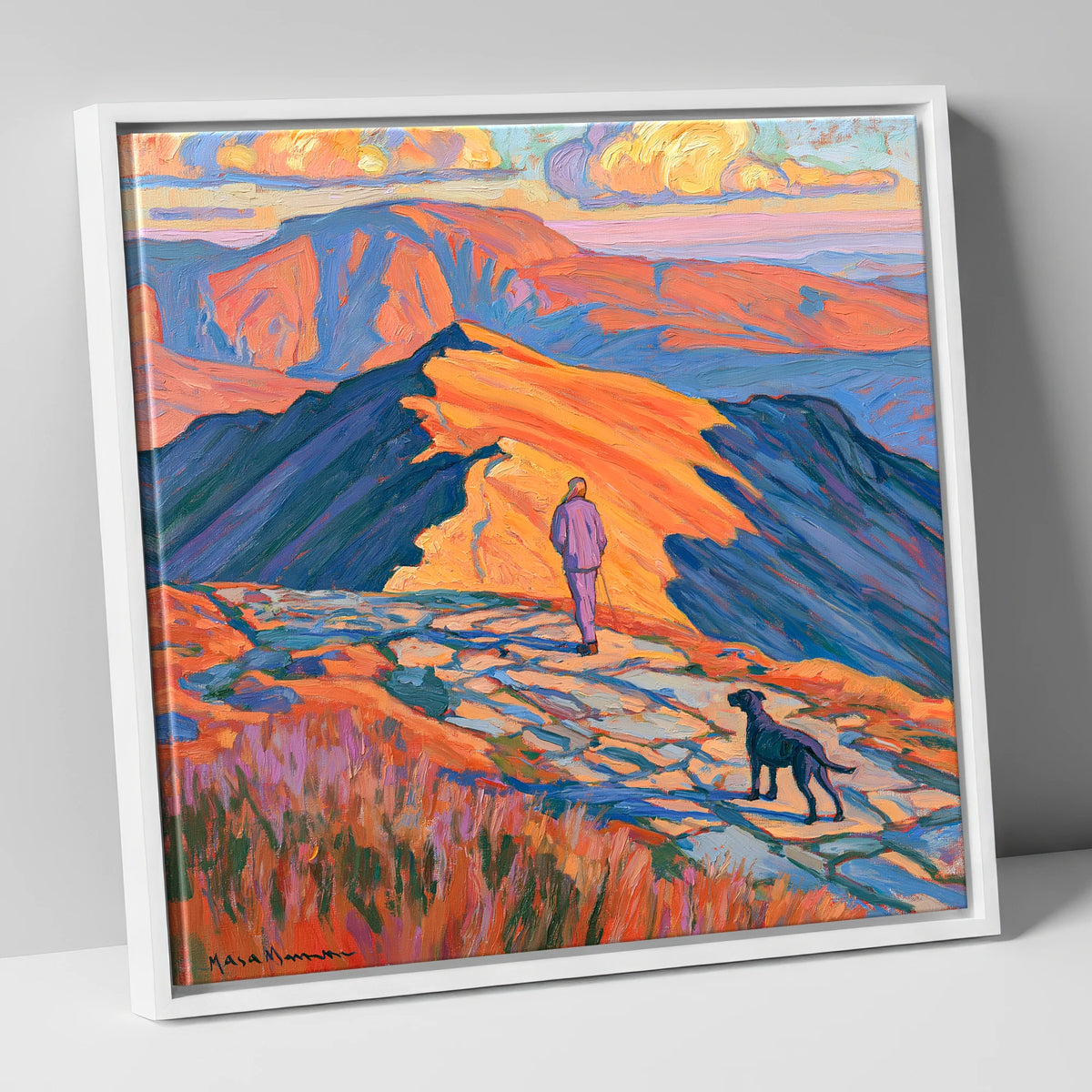 Radiant Helvellyn Dog Walk gifts for dog walkers canvas wall art in white frame