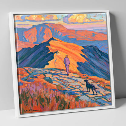 Radiant Helvellyn Dog Walk gifts for dog walkers canvas wall art in white frame
