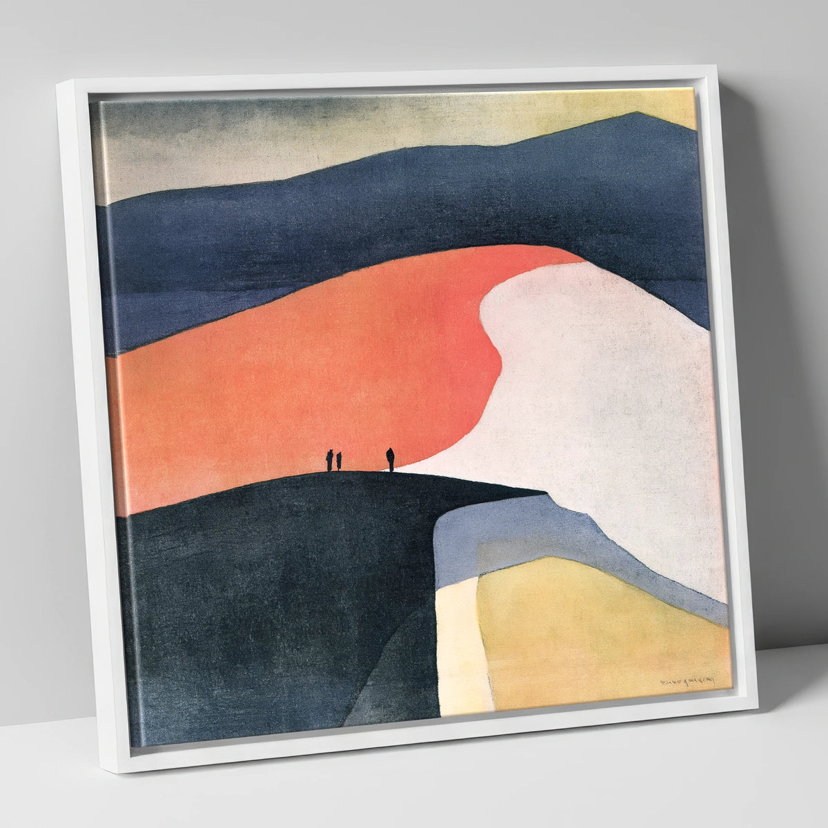 Terracotta Fell Top with Hikers lake district fell canvas wall art in white frame