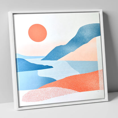 Ennerdale Valley in Coral and Blue lake district valley canvas wall art in white frame