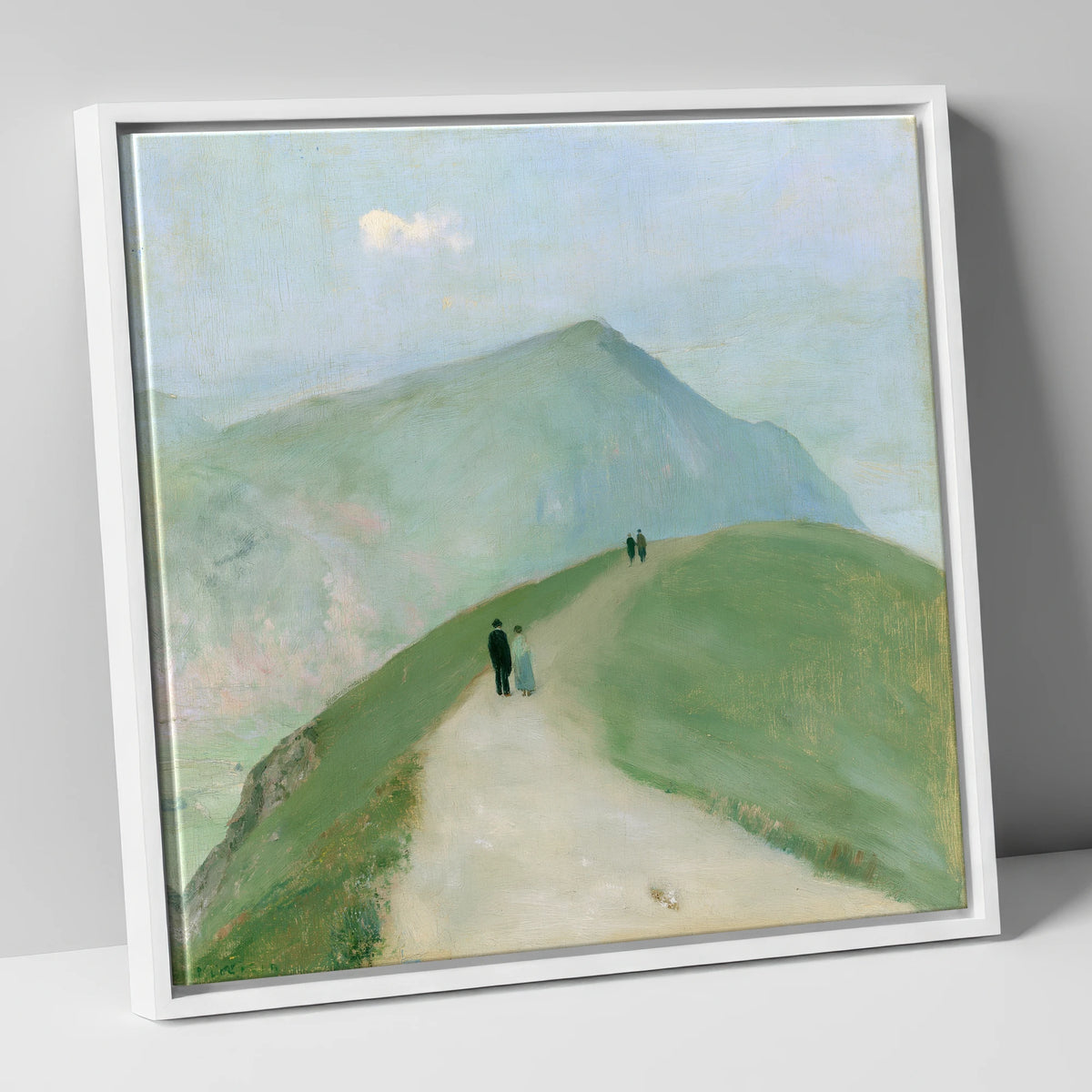 Walkers on a Mountain Ridge lake district walking canvas wall art in white frame