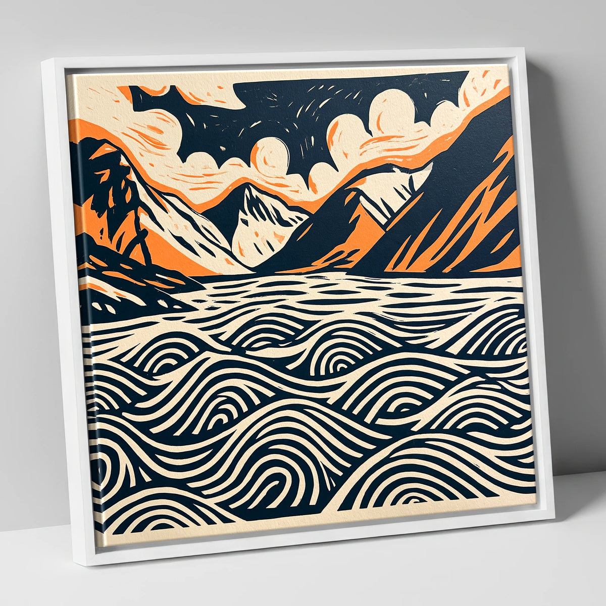 Wastwater in Navy and Terracotta lake district lake canvas wall art in white frame