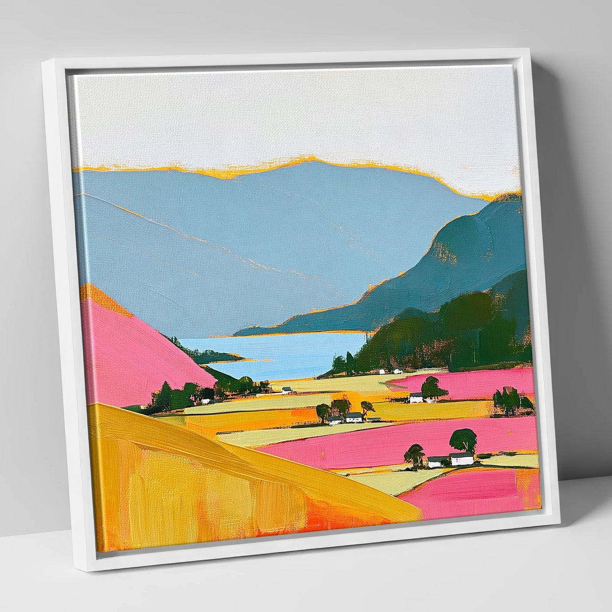 Patterdale Valley in Bold Colour lake district village canvas wall art in white frame