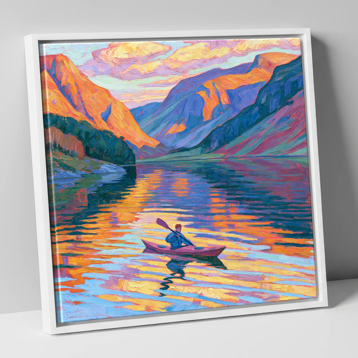 Vibrant Sunset Kayak on the Lake lake district walking canvas wall art in white frame