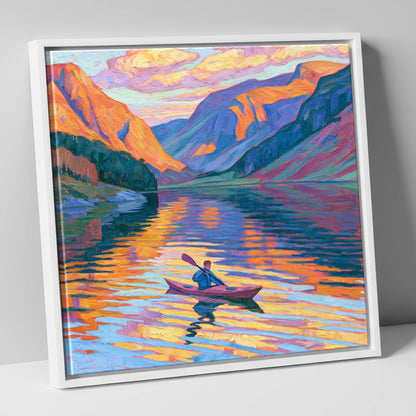 Vibrant Sunset Kayak on the Lake lake district walking canvas wall art in white frame