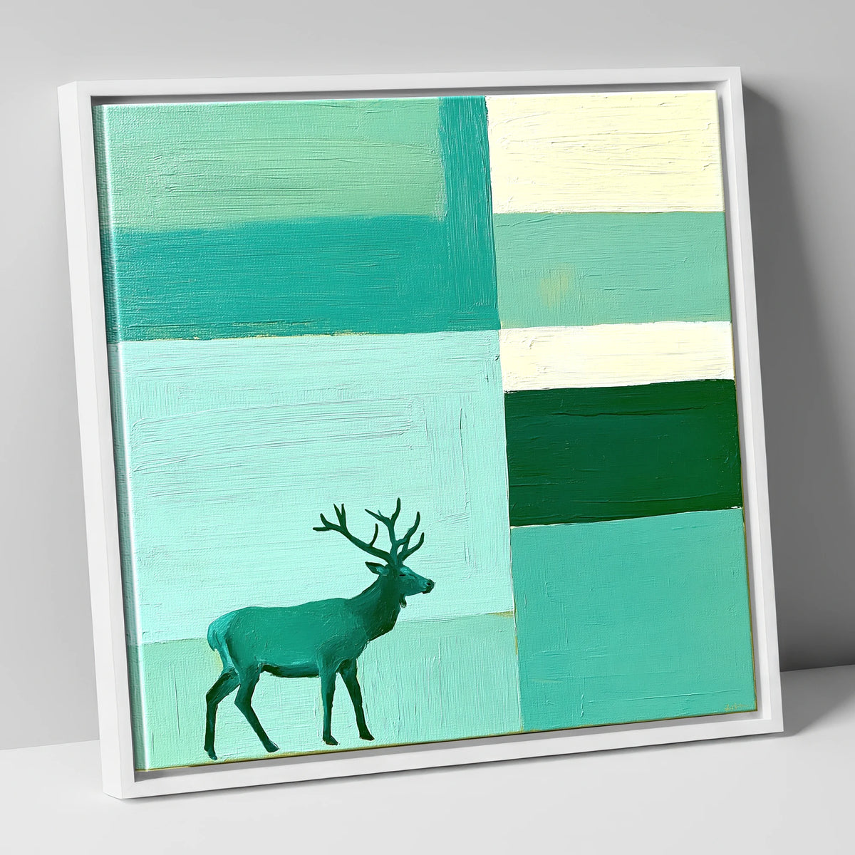 Abstract Teal Red Deer Stag lake district wildlife canvas wall art in white frame