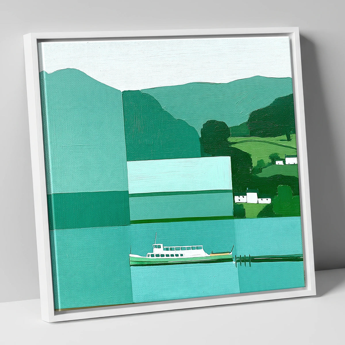 Geometric Ullswater Steamer at Glenridding lake district village canvas wall art in white frame
