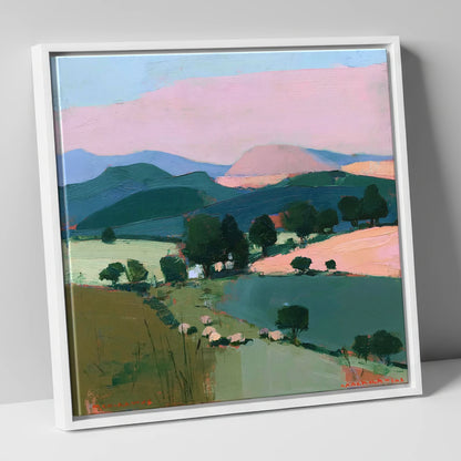 Pink Evening Light on Lakeland Fells lake district sky canvas wall art in white frame