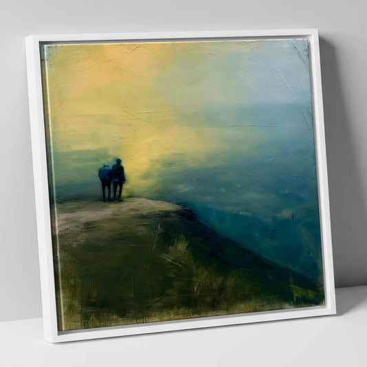 Hikers Above the Teal Mist lake district fell canvas wall art in white frame