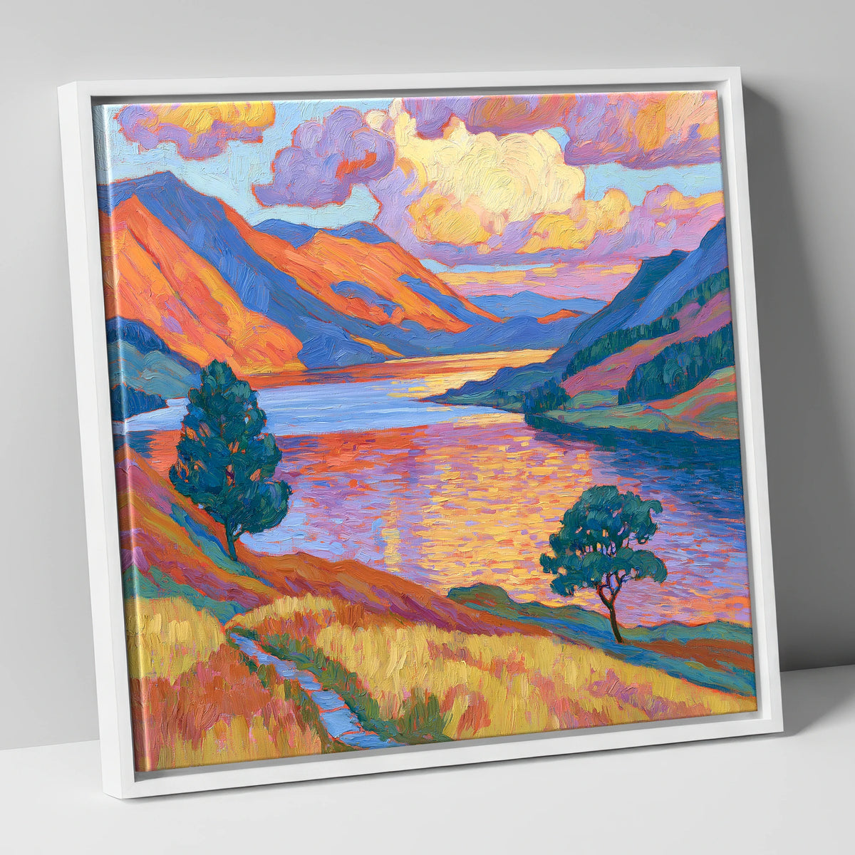 Radiant Evening Glow on the Fells lake district lake canvas wall art in white frame