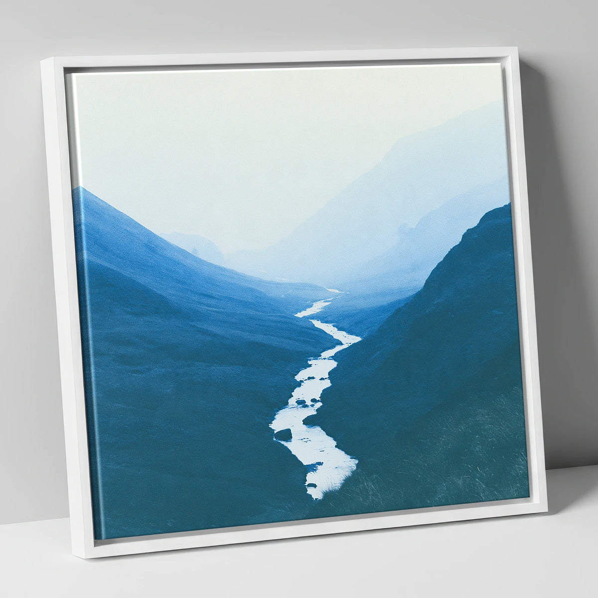 River Winding Through Blue Fells lake district waterfall canvas wall art in white frame