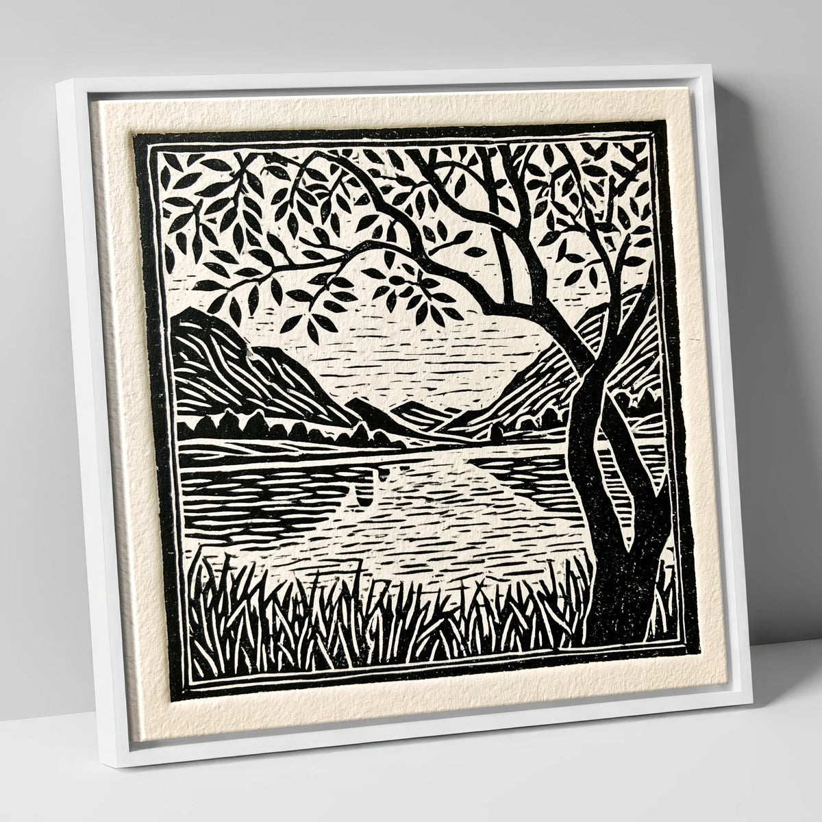 Still Dawn Lake in Monochrome lake district lake canvas wall art in white frame