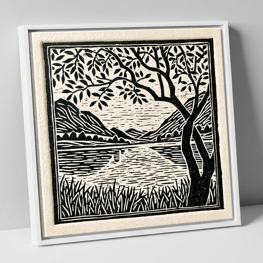 Still Dawn Lake in Monochrome lake district lake canvas wall art in white frame