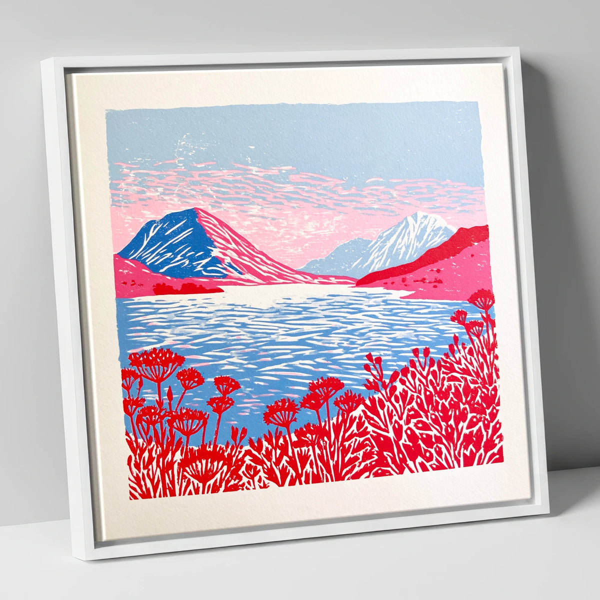 Crummock Water in Vivid Red lake district lake canvas wall art in white frame
