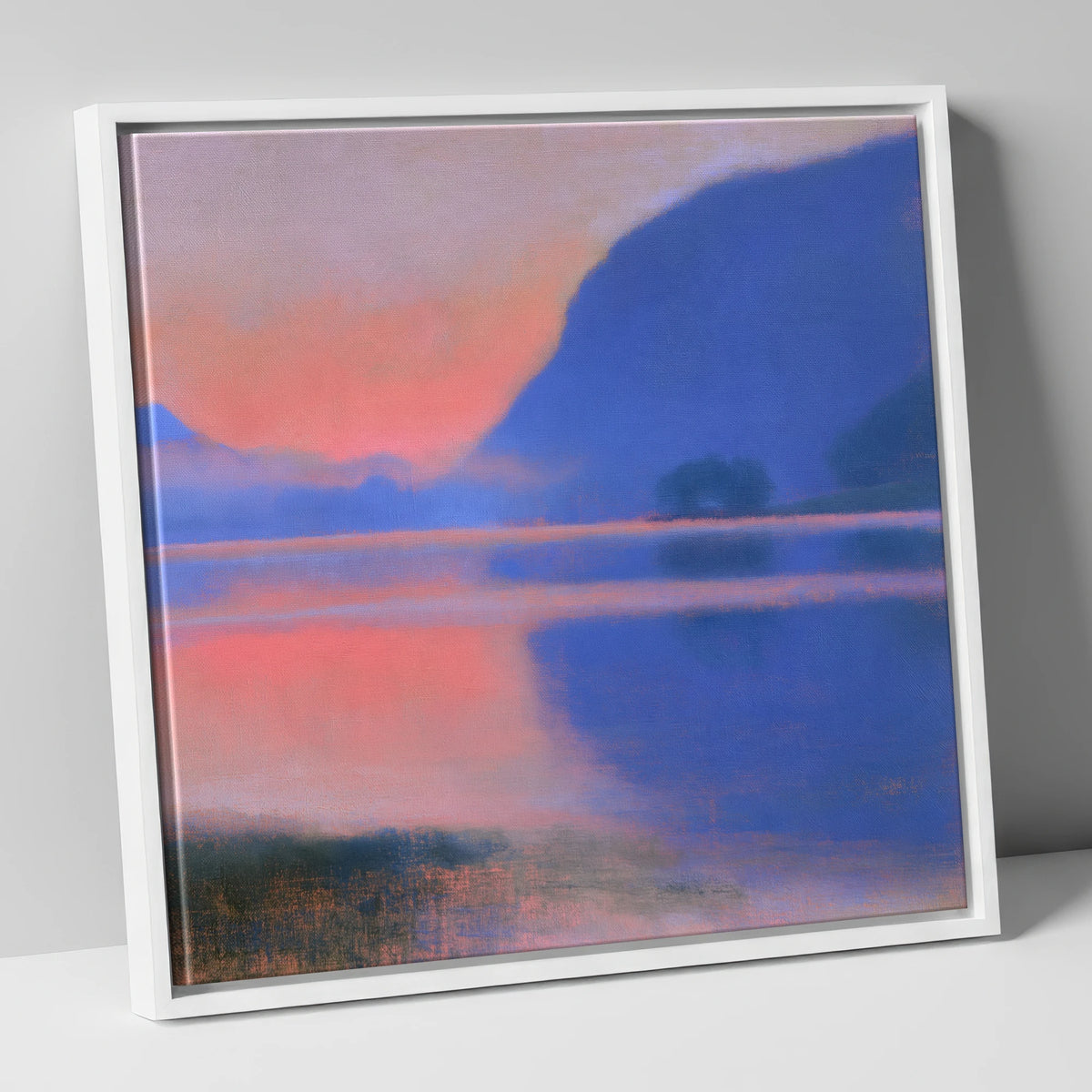 Pink Dawn Over Still Lake lake district lake canvas wall art in white frame