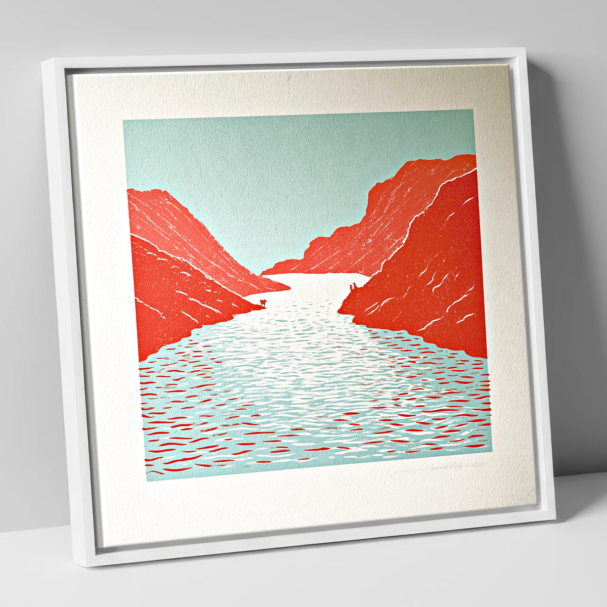 Bold Red Fells and Lake lake district lake canvas wall art in white frame
