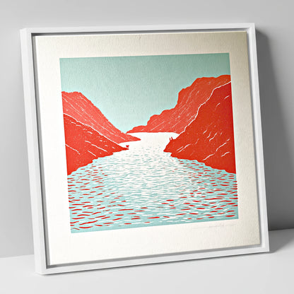 Bold Red Fells and Lake lake district lake canvas wall art in white frame