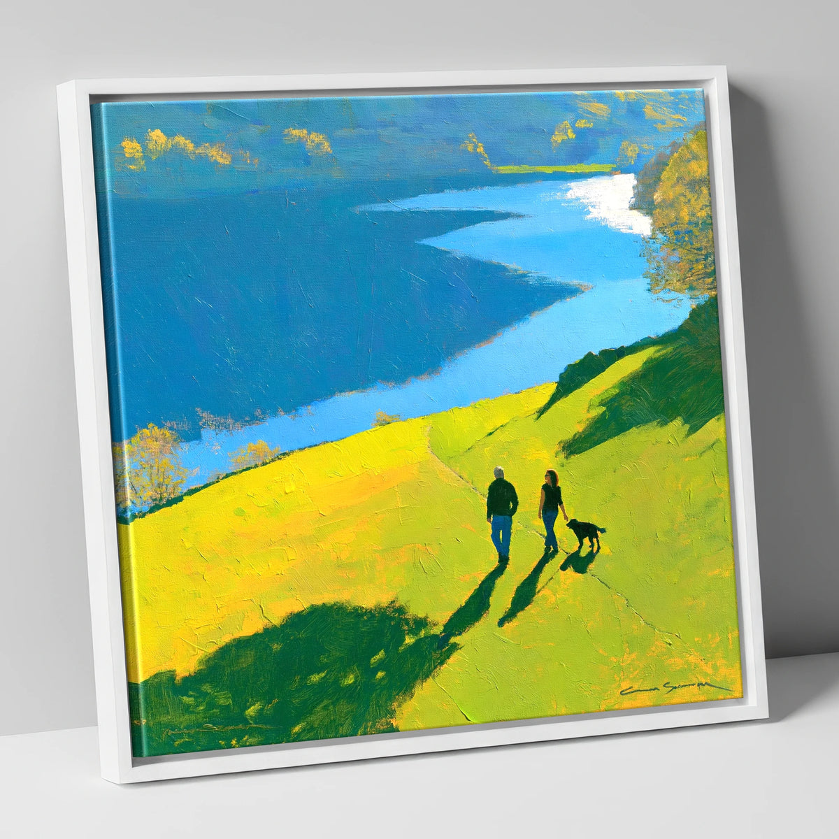 Sunlit Grasmere Dog Walk gifts for dog walkers canvas wall art in white frame