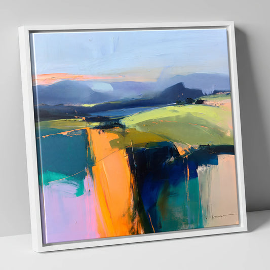 Vibrant Golden Evening Fells lake district sky canvas wall art in white frame