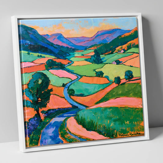 Colourful Patchwork Lake District Dale lake district valley canvas wall art in white frame