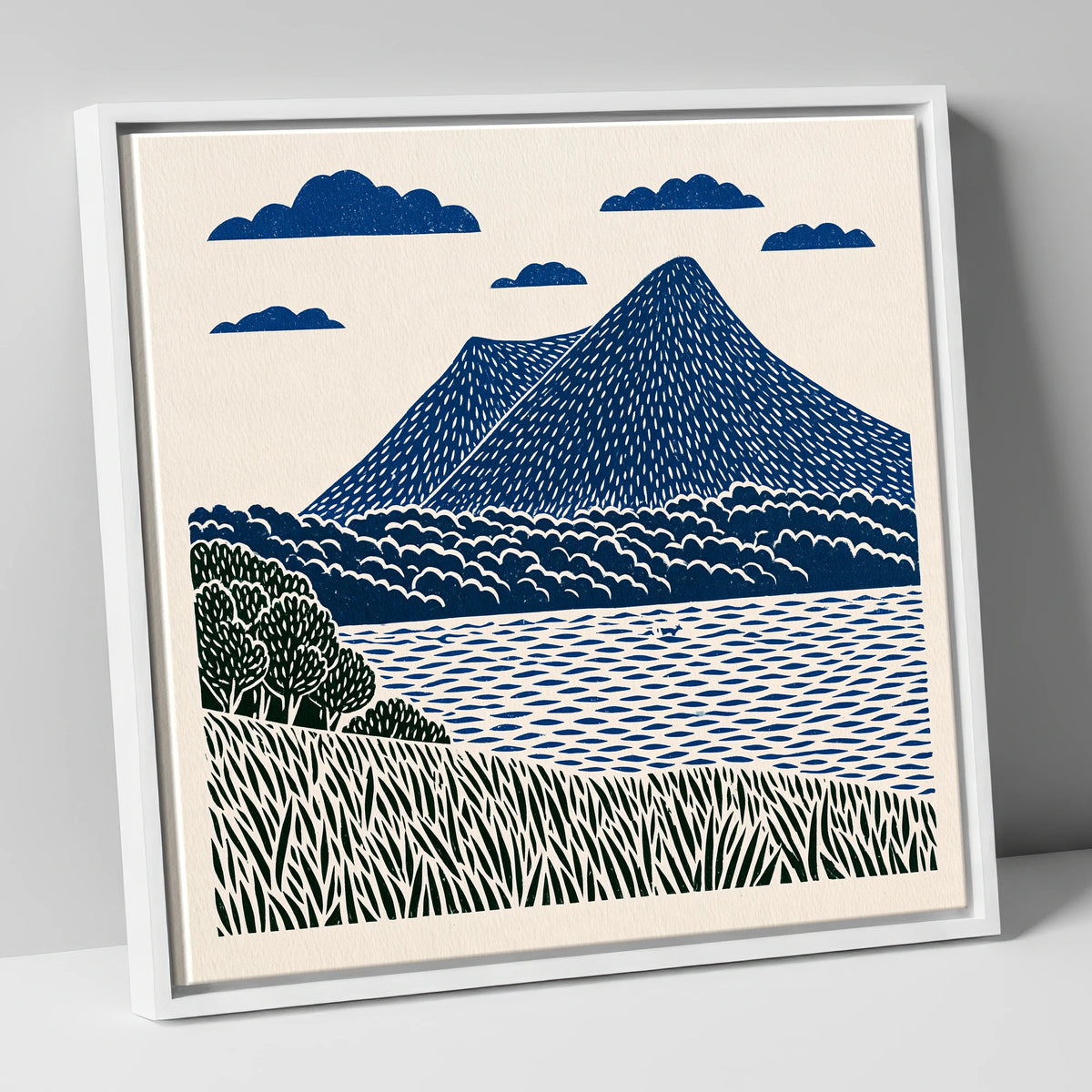 Graphic Navy Catbells Fell lake district fell canvas wall art in white frame