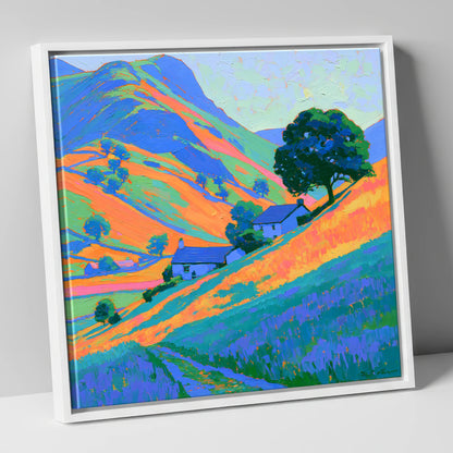 Fellside Cottages in Golden Evening Light lake district sky canvas wall art in white frame