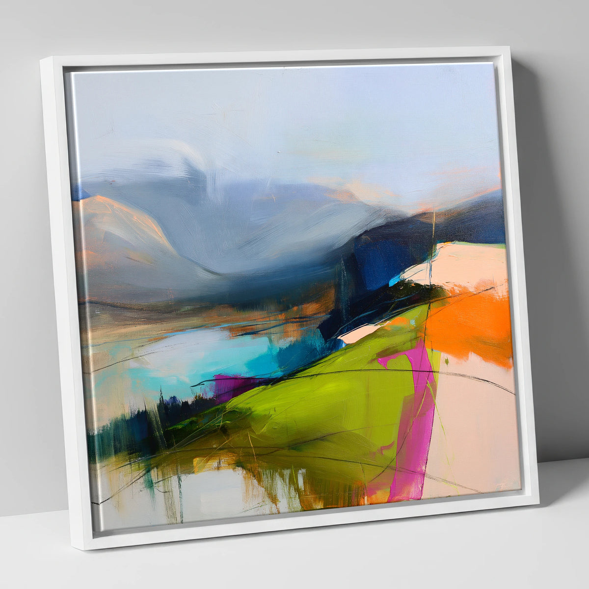 Vibrant Fell Summit View lake district fell canvas wall art in white frame