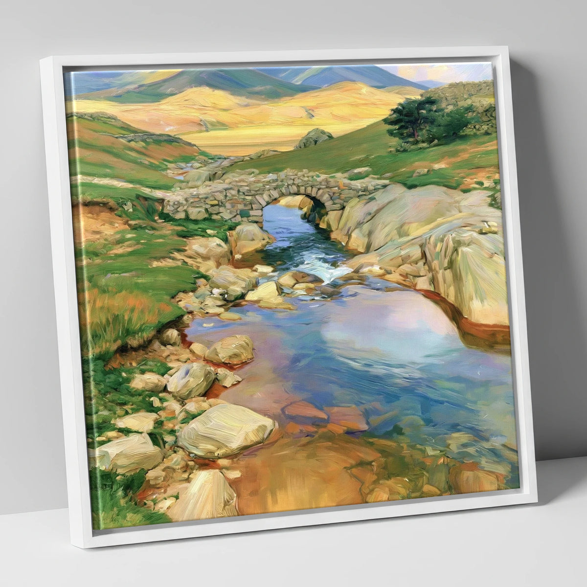 Stone Bridge Beneath Golden Fells lake district waterfall canvas wall art in white frame
