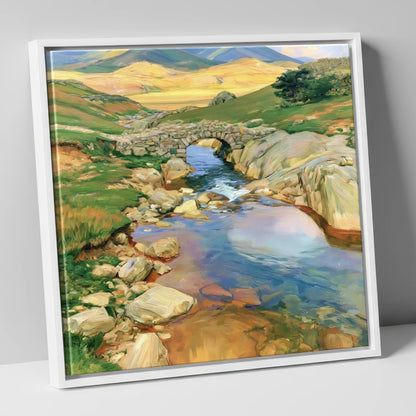 Stone Bridge Beneath Golden Fells lake district waterfall canvas wall art in white frame