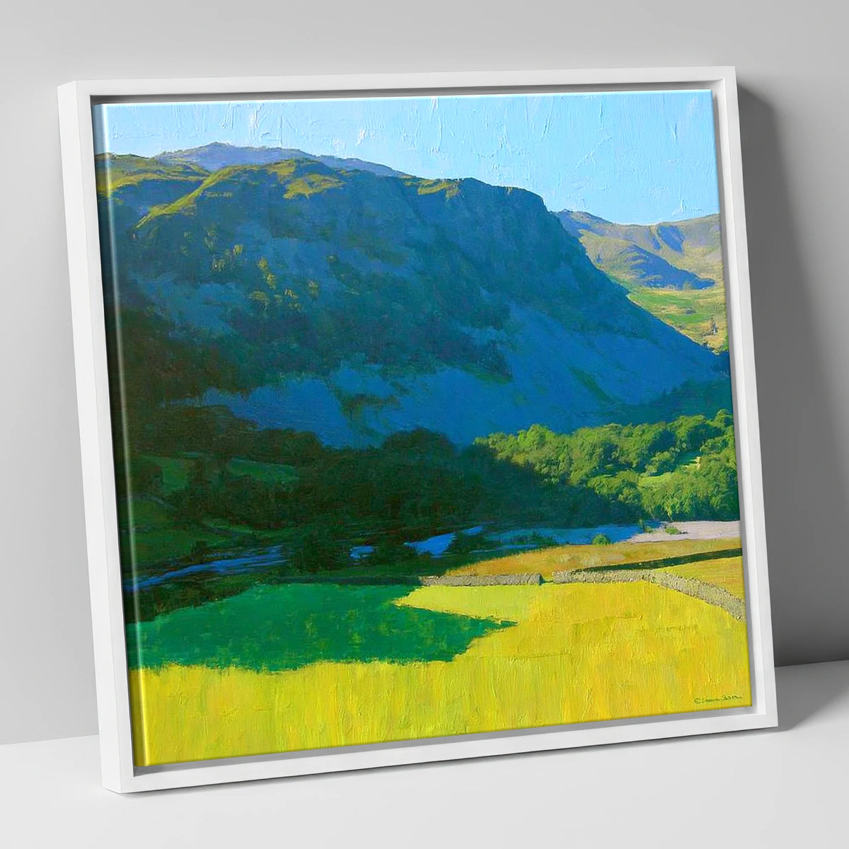 Arnison Crag Over Sunlit Fields lake district fell canvas wall art in white frame