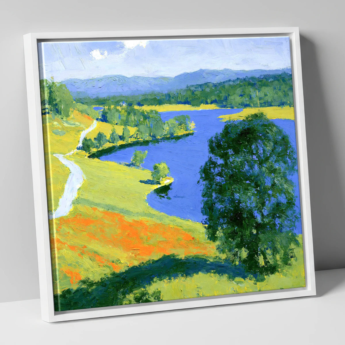 Vivid Colours of Tarn Hows lake district lake canvas wall art in white frame