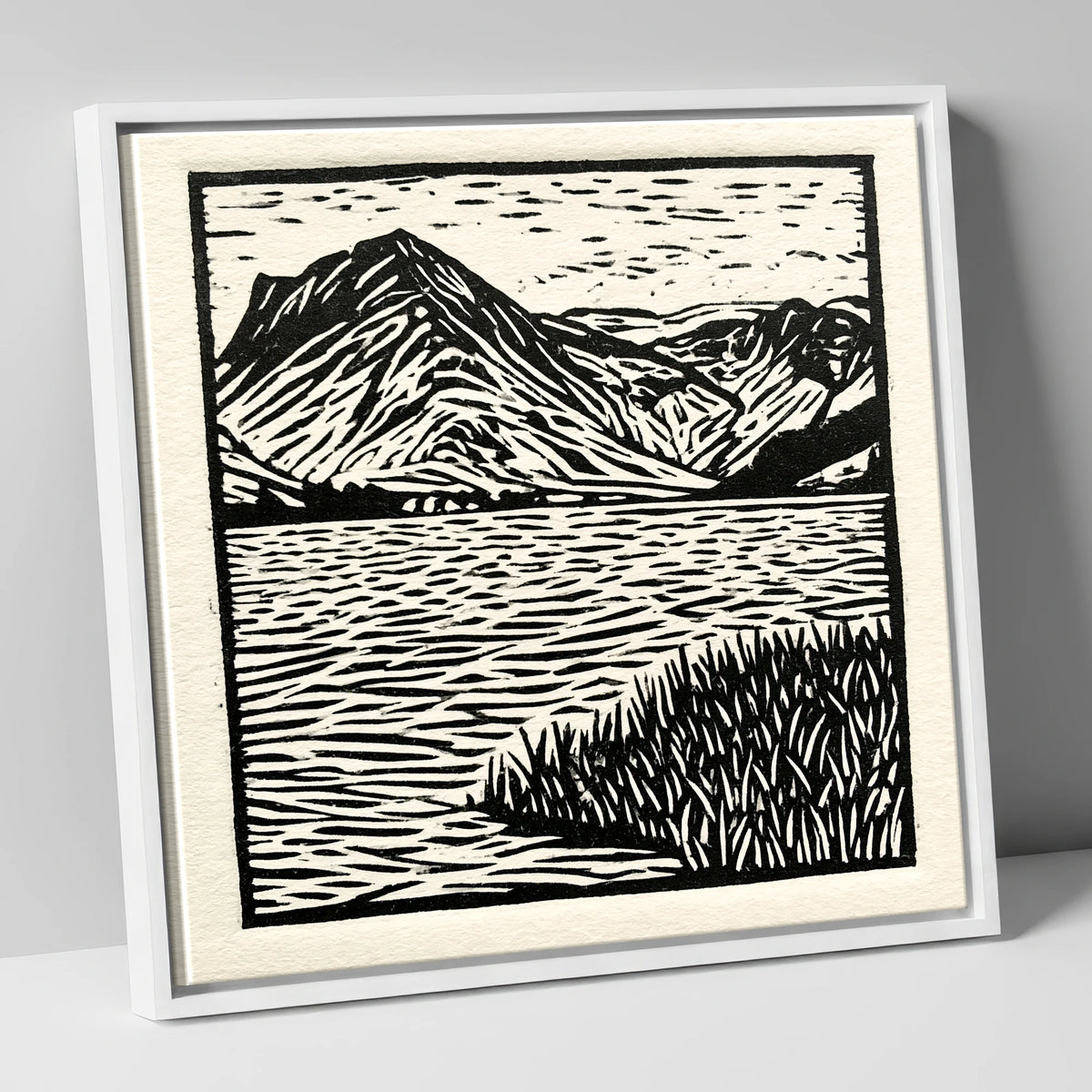 Monochrome Buttermere and Fells lake district lake canvas wall art in white frame