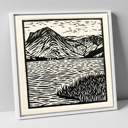Monochrome Buttermere and Fells lake district lake canvas wall art in white frame