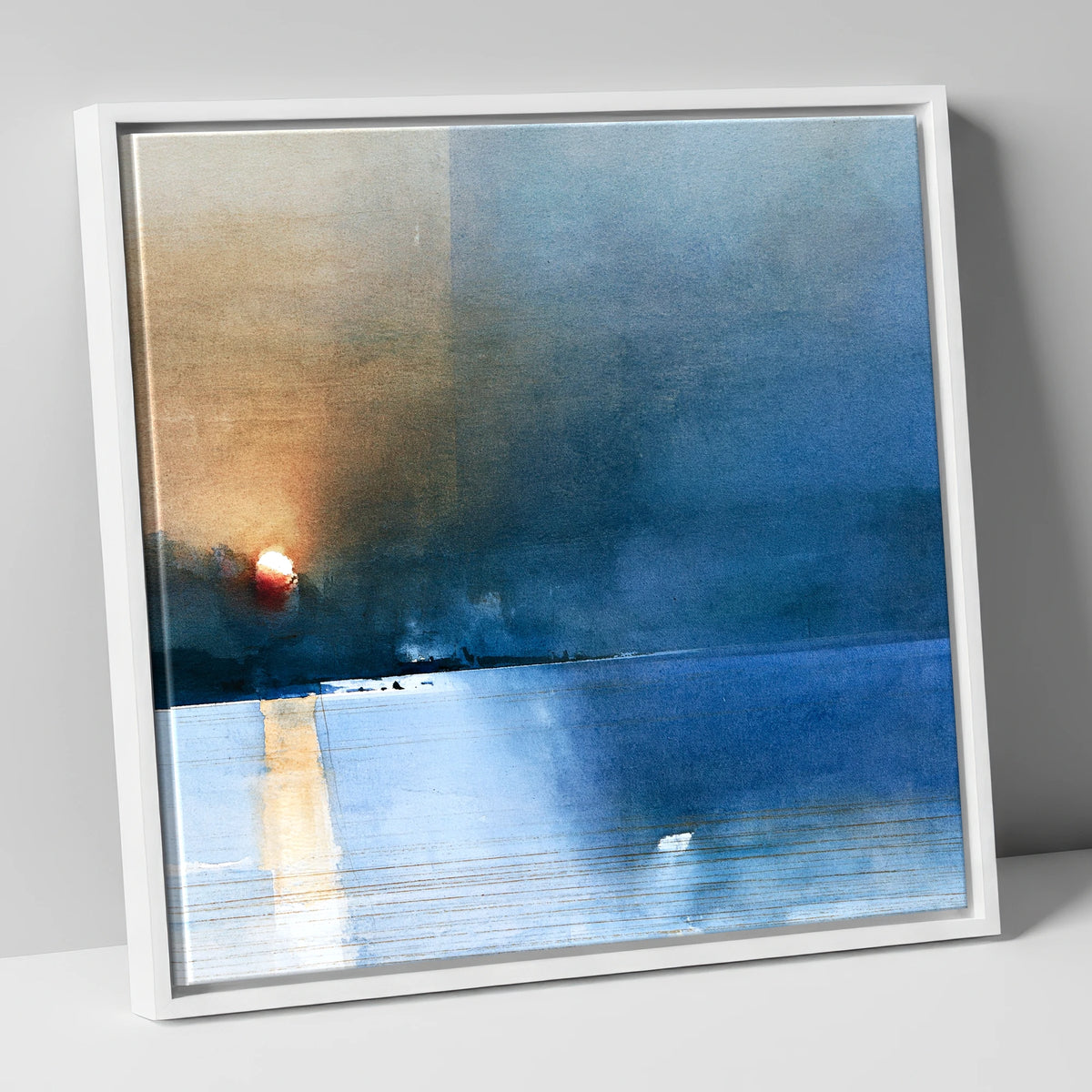 Indigo Sunset Over Lake Waters lake district lake canvas wall art in white frame