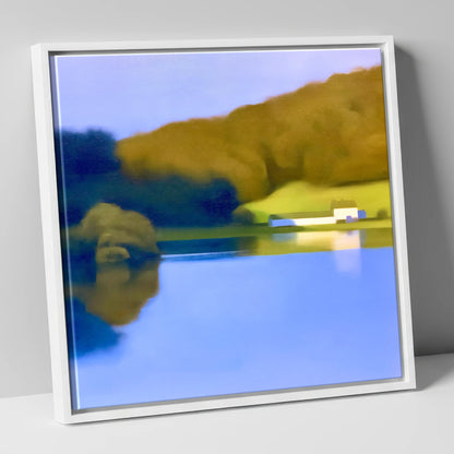 Mirrored Islet on Coniston Water lake district lake canvas wall art in white frame