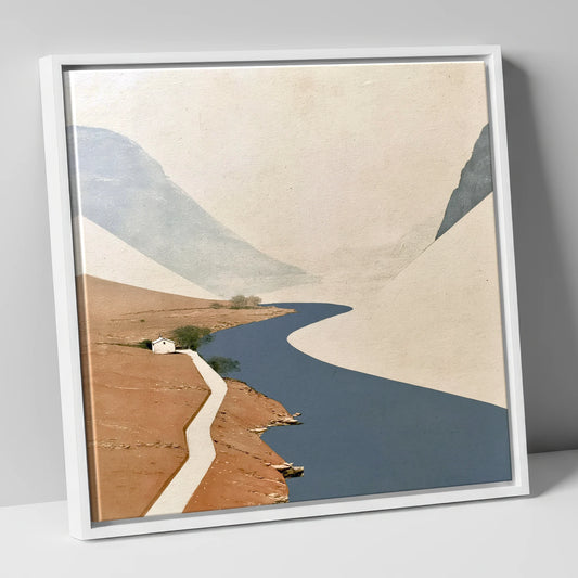 Winding Blue Lake and White Cottage lake district lake canvas wall art in white frame
