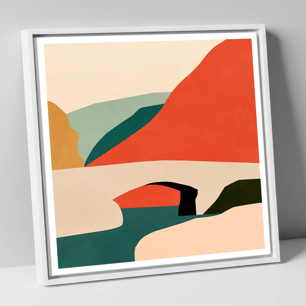 Stone Bridge and Terracotta Fells lake district waterfall canvas wall art in white frame