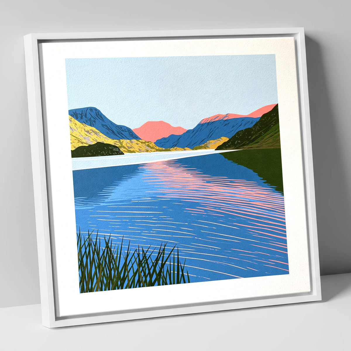 Coral Dawn over Still Lake lake district lake canvas wall art in white frame