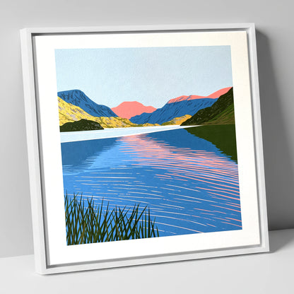 Coral Dawn over Still Lake lake district lake canvas wall art in white frame
