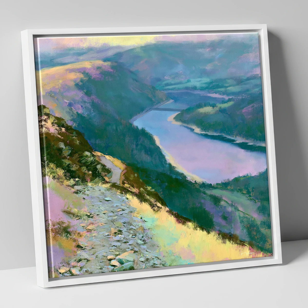 Vivid Thirlmere From Helvellyn Path lake district lake canvas wall art in white frame