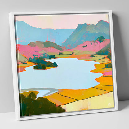 Colourful Elter Water Landscape lake district lake canvas wall art in white frame