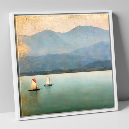 Windermere Sailboats in Teal and Gold lake district lake canvas wall art in white frame